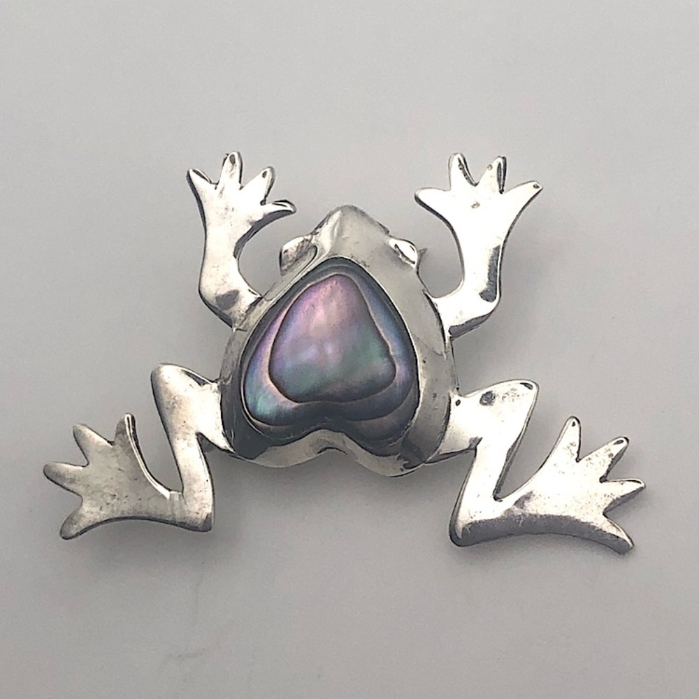 Vtg Taxco Sterling Silver & Abalone Heart Frog Brooch 1.5” x 1” / TR-21